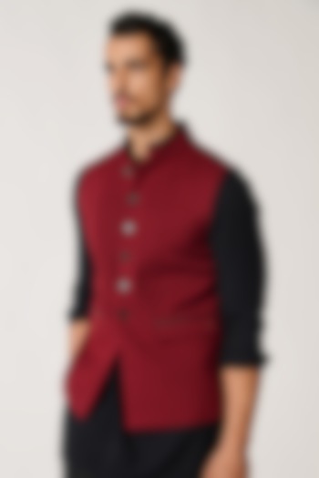 Cherry Red Terylene & Viscose Waistcoat by S&N by Shantnu Nikhil Men