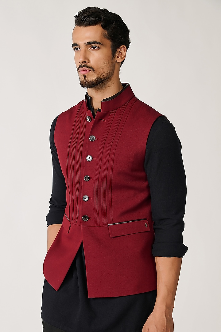 Cherry Red Terylene & Viscose Waistcoat by S&N by Shantnu Nikhil Men