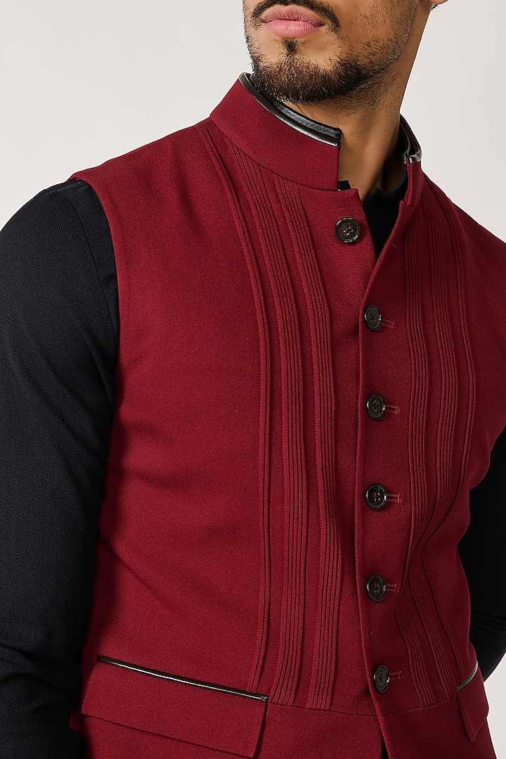 Cherry Red Terylene & Viscose Waistcoat by S&N by Shantnu Nikhil Men at Pernia's Pop Up Shop