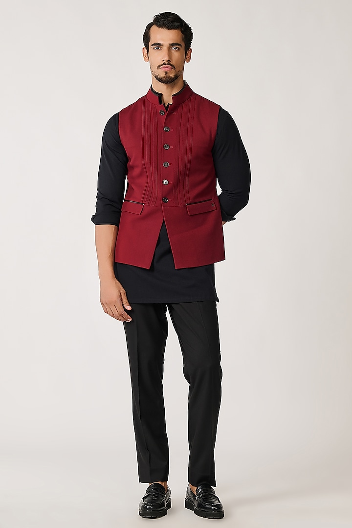 Cherry Red Terylene & Viscose Waistcoat by S&N by Shantnu Nikhil Men at Pernia's Pop Up Shop