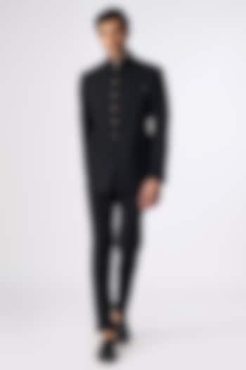 Black Poly Spandex Suiting Bandhgala Jacket by S&N by Shantnu Nikhil Men