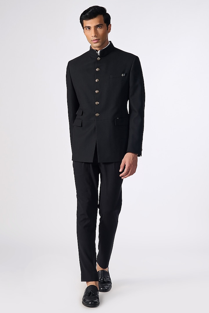 Black Poly Spandex Suiting Bandhgala Jacket by S&N by Shantnu Nikhil Men