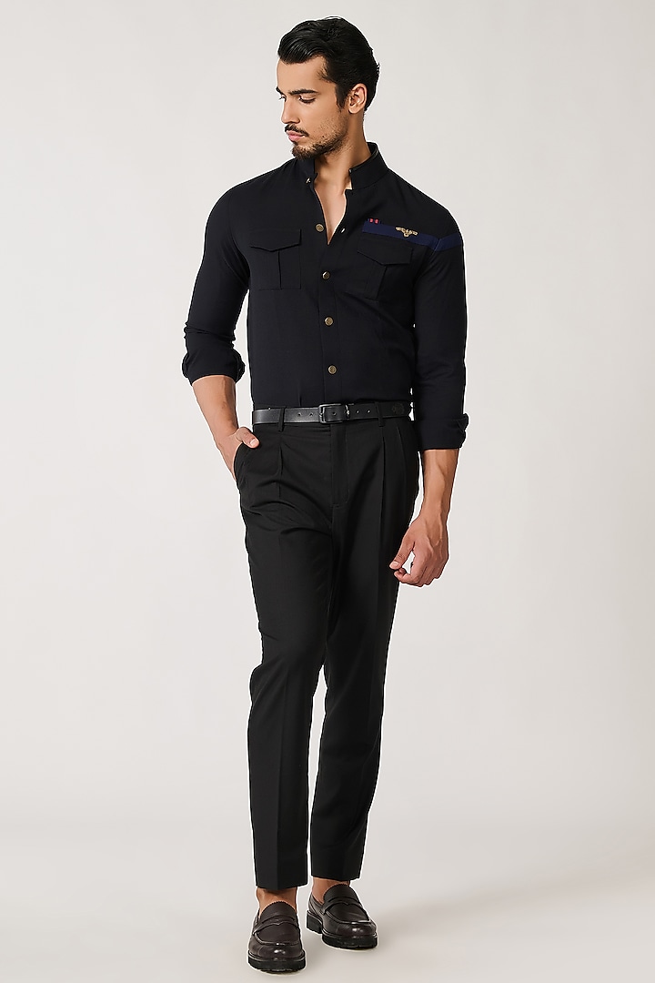 Black Poly Blend & Viscose Crested Shirt by S&N by Shantnu Nikhil Men