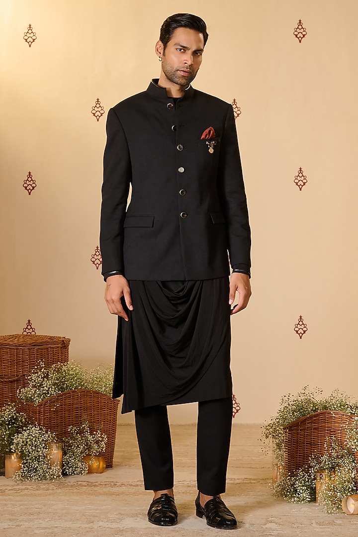 Black Rayon Blend Bandhgala Jacket by S&N by Shantnu Nikhil Men at Pernia's Pop Up Shop