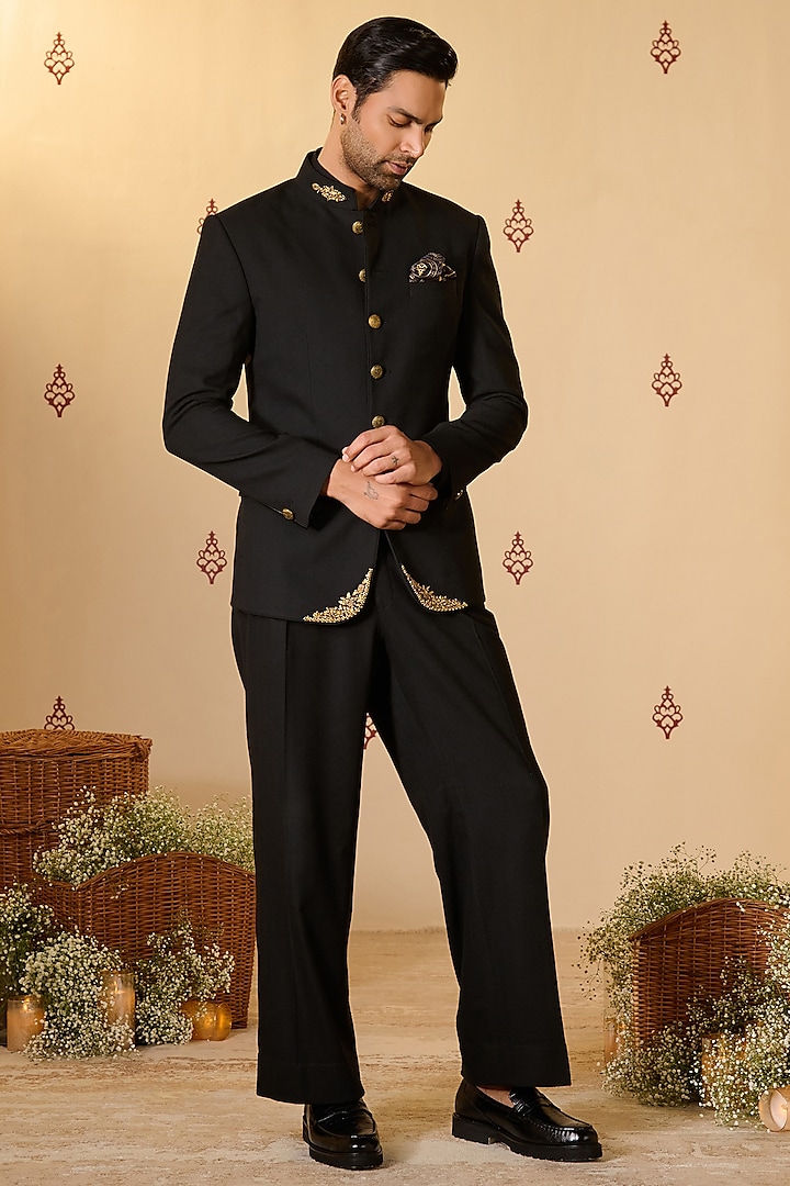 Black Rayon Blend Antique Gold Embroidered Bandhgala Jacket by S&N by Shantnu Nikhil Men