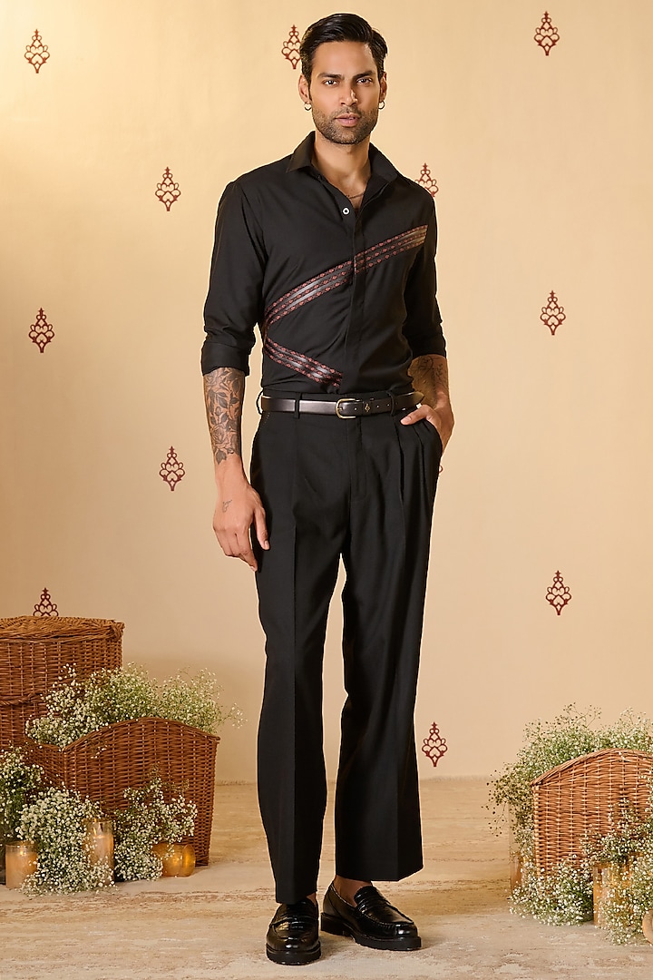 Black Rayon Blend Asymmetric Leather Printed Shirt by S&N by Shantnu Nikhil Men