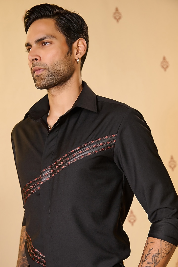 Black Rayon Blend Asymmetric Leather Printed Wedding Shirt by S&N by Shantnu Nikhil Men at Pernia's Pop Up Shop