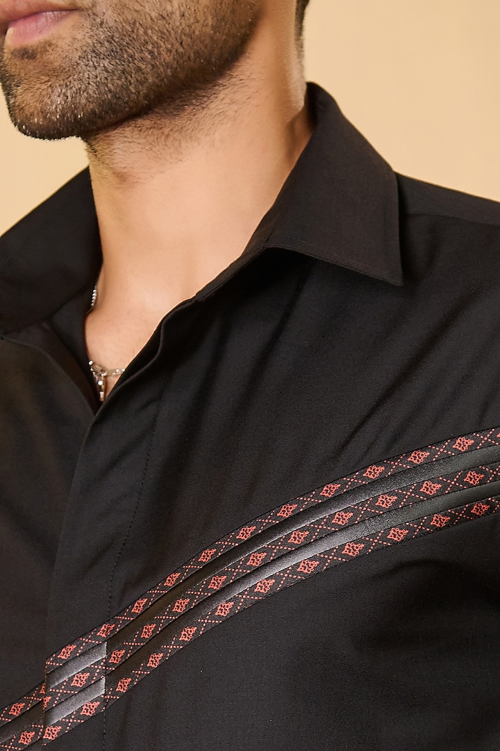 Black Rayon Blend Asymmetric Leather Printed Wedding Shirt by S&N by Shantnu Nikhil Men at Pernia's Pop Up Shop
