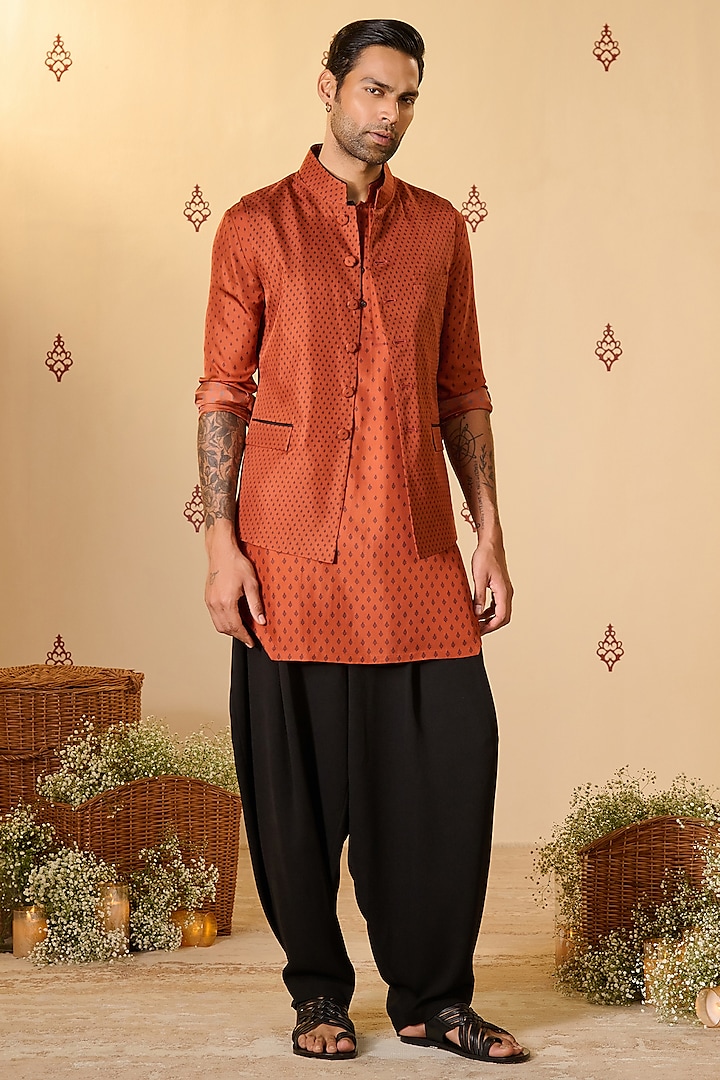 Rust Silk Twill Waistcoat by S&N by Shantnu Nikhil Men