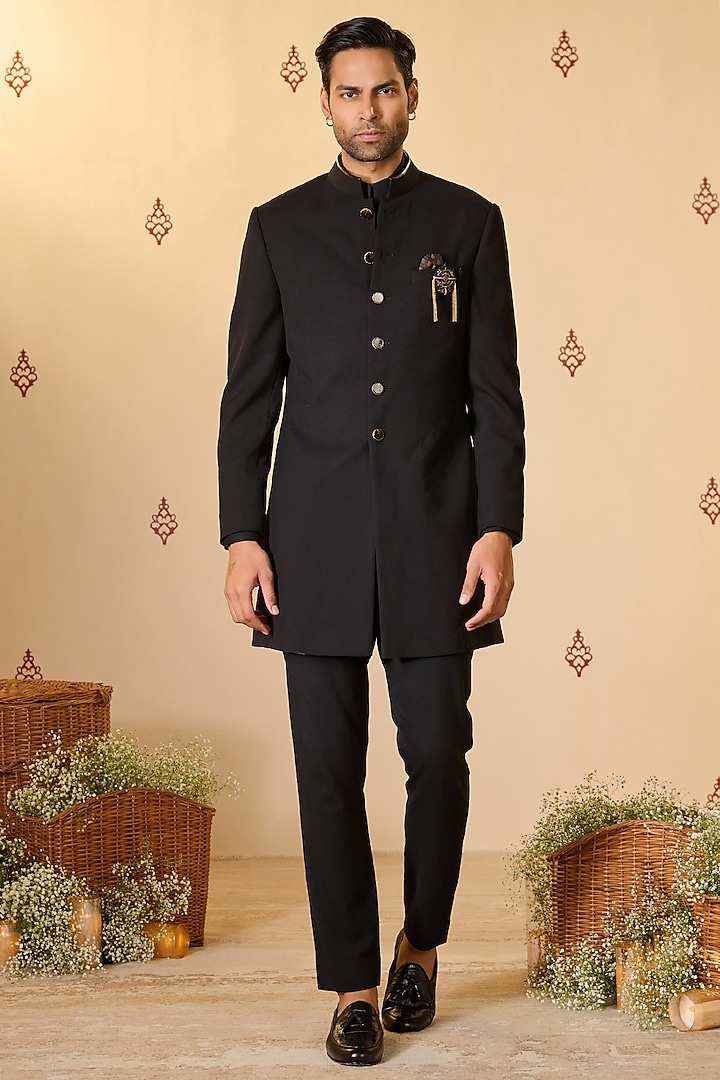 Black Rayon Blend Sherwani by S&N by Shantnu Nikhil Men