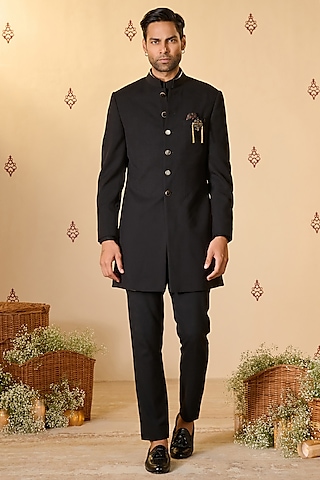 Black Rayon Blend Wedding Sherwani by S&N by Shantnu Nikhil Men at