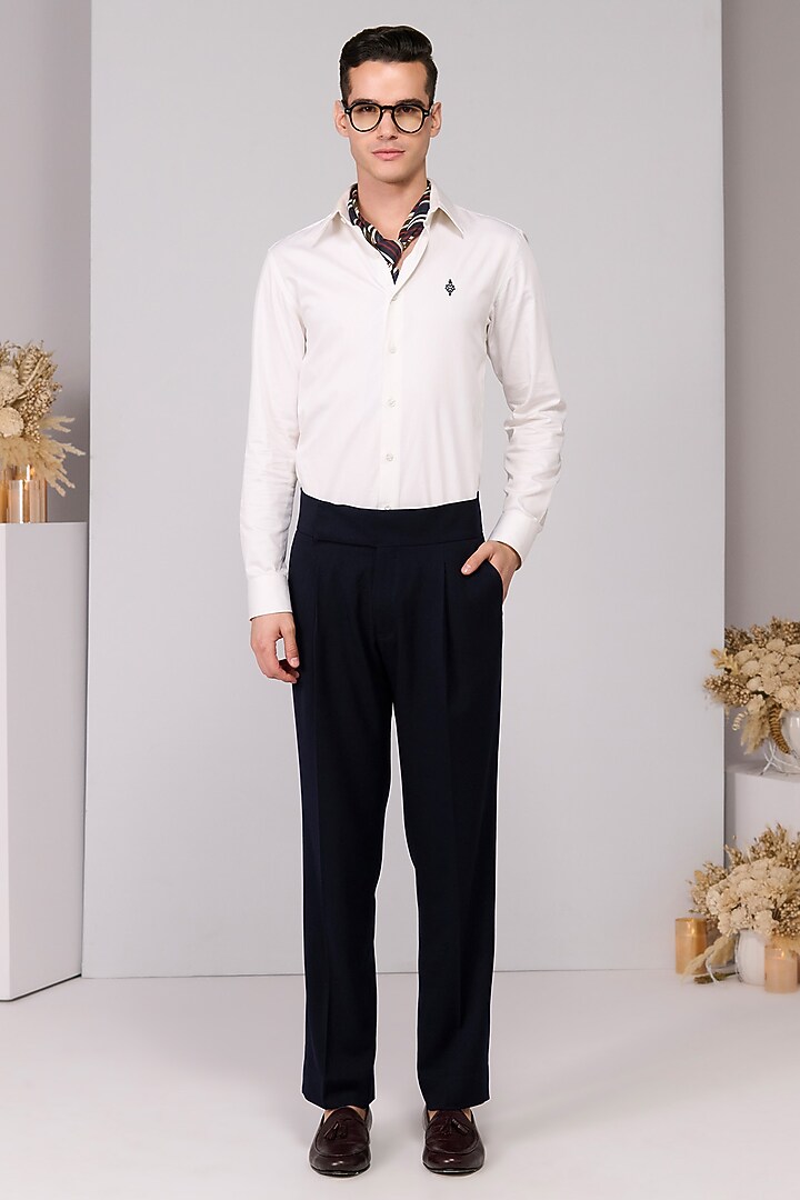 Navy Poly Blend Viscose Lycra High-Waisted Trousers by S&N by Shantnu Nikhil Men at Pernia's Pop Up Shop