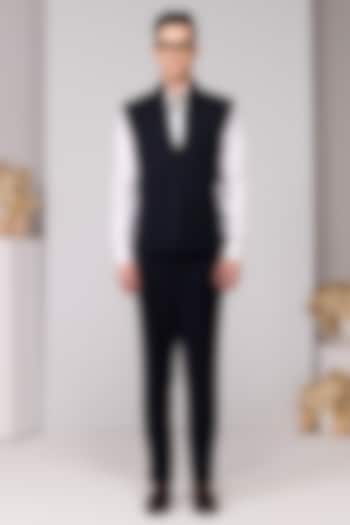 Navy Poly Blend Viscose Lycra Structured Waistcoat by S&N by Shantnu Nikhil Men at Pernia's Pop Up Shop