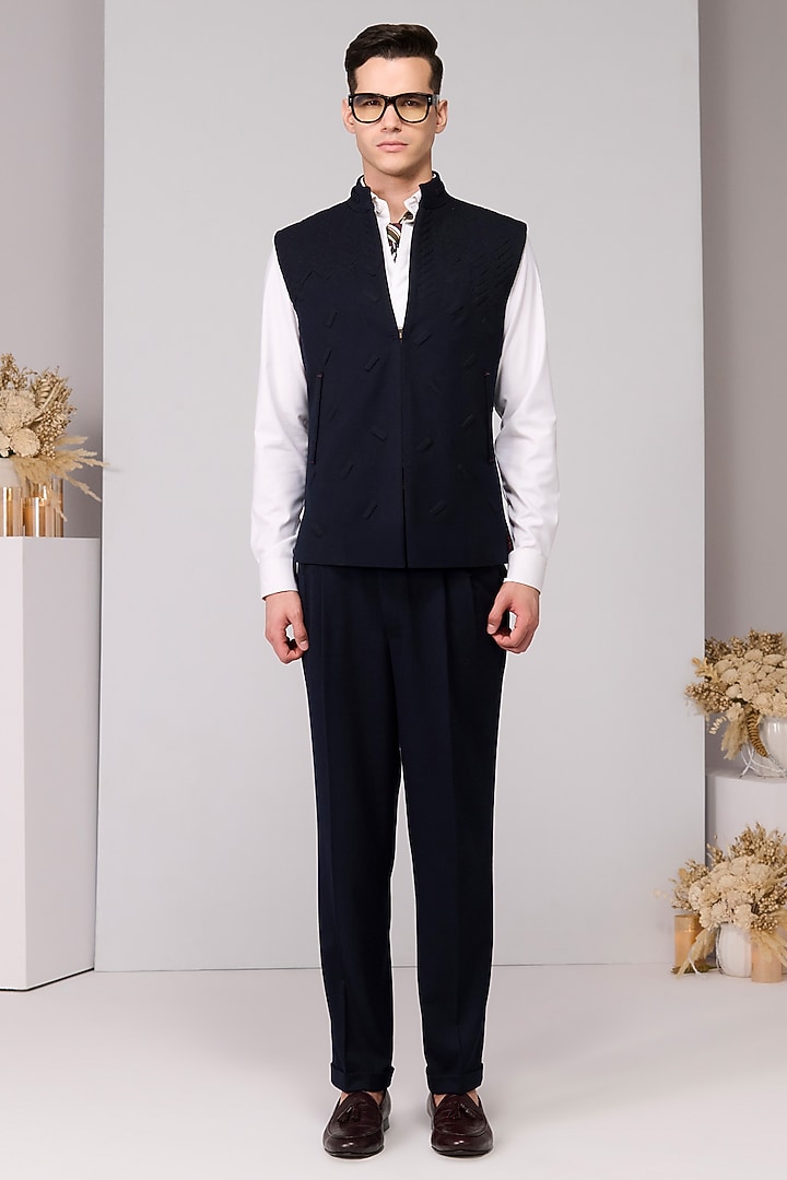 Navy Poly Blend Viscose Lycra Structured Waistcoat by S&N by Shantnu Nikhil Men at Pernia's Pop Up Shop