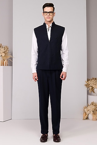 Navy Poly Blend Viscose Lycra Structured Waistcoat by S&N by Shantnu Nikhil Men