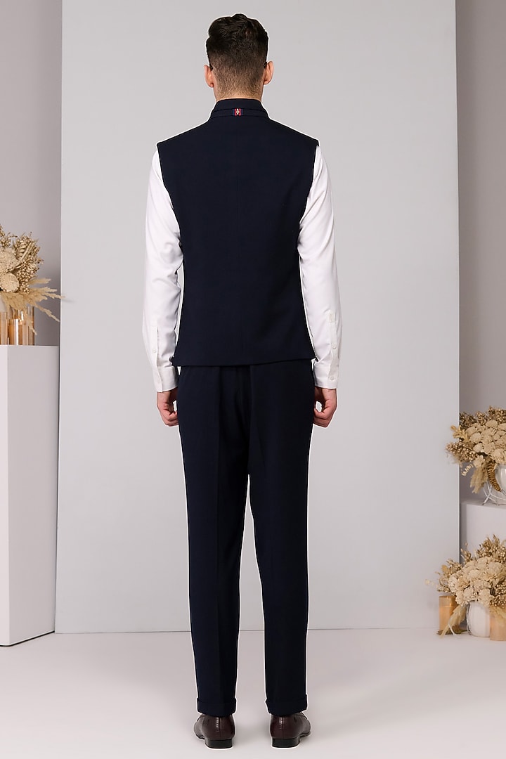 Navy Poly Blend Viscose Lycra Structured Waistcoat by S&N by Shantnu Nikhil Men at Pernia's Pop Up Shop