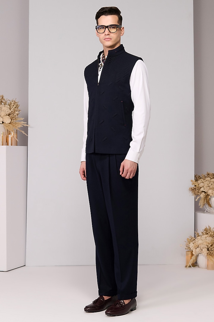Navy Poly Blend Viscose Lycra Structured Waistcoat by S&N by Shantnu Nikhil Men at Pernia's Pop Up Shop