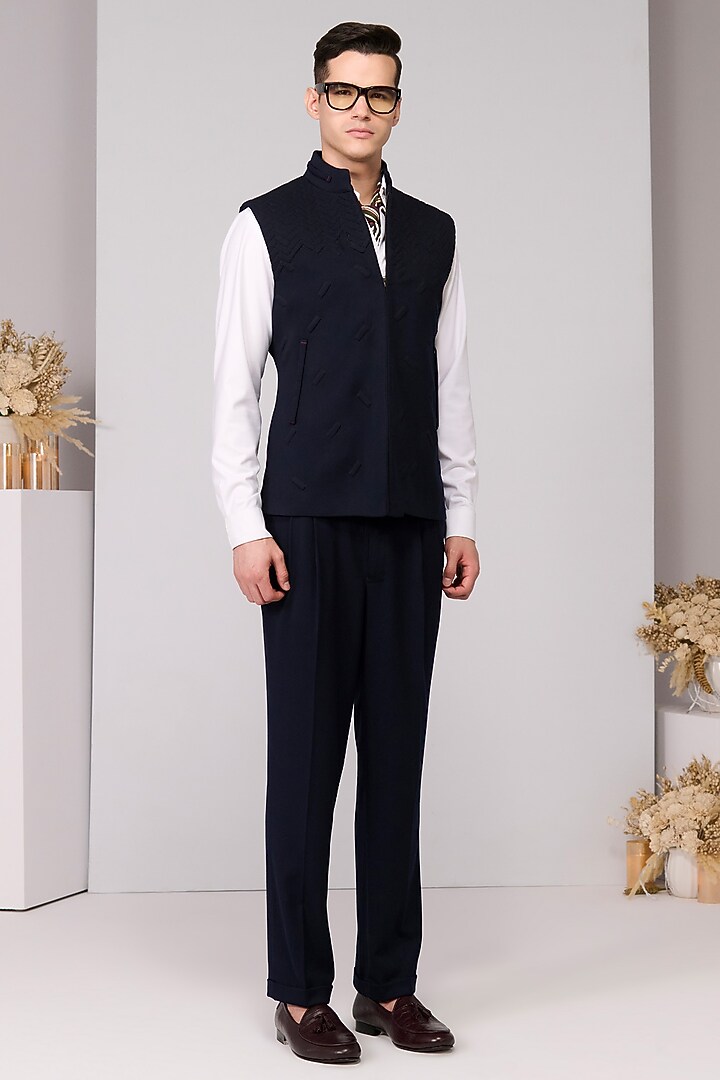 Navy Poly Blend Viscose Lycra Structured Waistcoat by S&N by Shantnu Nikhil Men at Pernia's Pop Up Shop