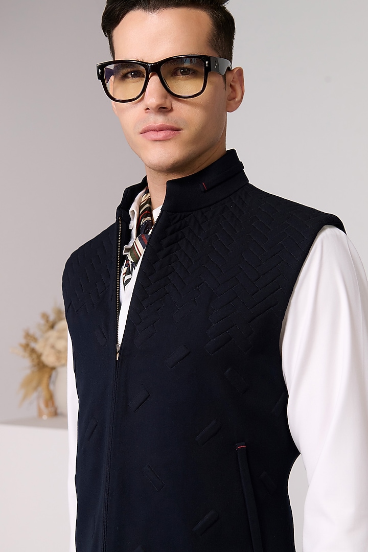 Navy Poly Blend Viscose Lycra Structured Waistcoat by S&N by Shantnu Nikhil Men at Pernia's Pop Up Shop