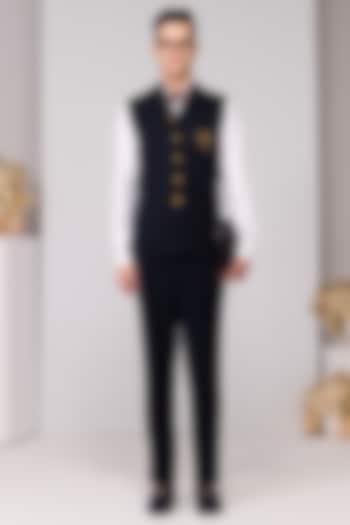 Navy Poly Blend Viscose Lycra Embroidered Waistcoat by S&N by Shantnu Nikhil Men at Pernia's Pop Up Shop