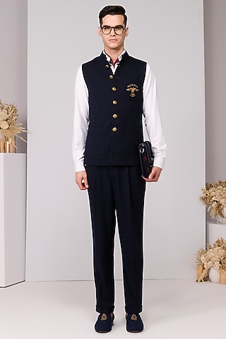 Navy Poly Blend Viscose Lycra Embroidered Waistcoat by S&N by Shantnu Nikhil Men