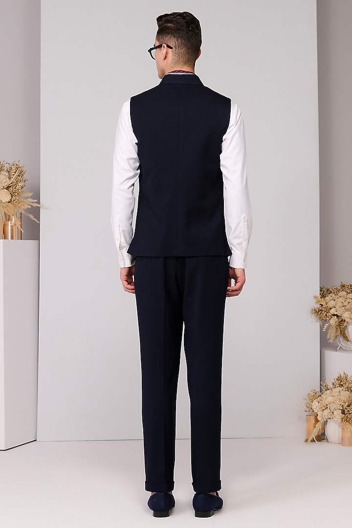Navy Poly Blend Viscose Lycra Embroidered Waistcoat by S&N by Shantnu Nikhil Men at Pernia's Pop Up Shop