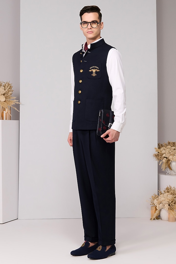 Navy Poly Blend Viscose Lycra Embroidered Waistcoat by S&N by Shantnu Nikhil Men at Pernia's Pop Up Shop