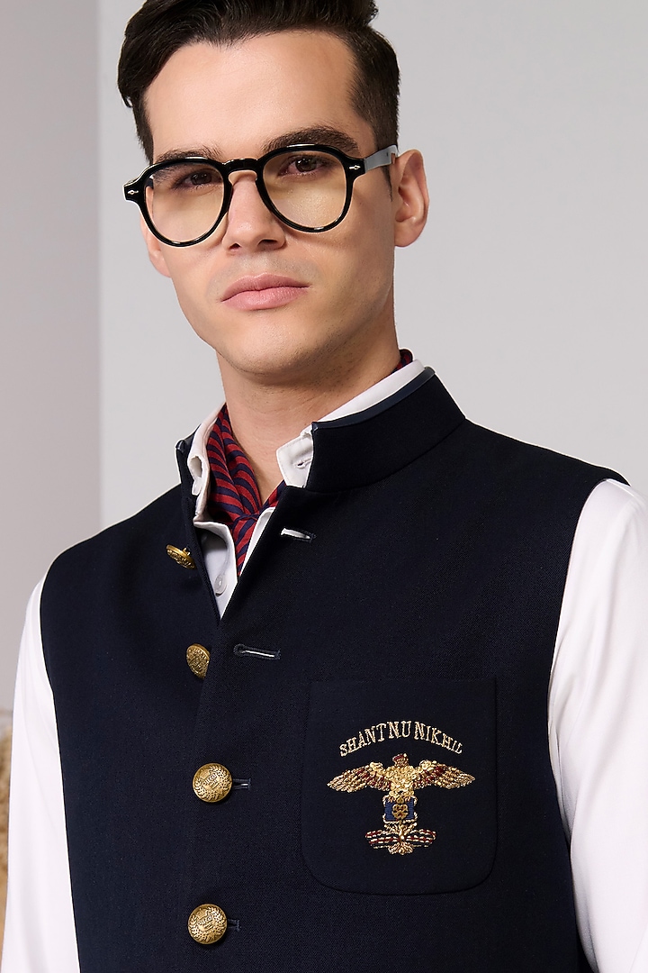 Navy Poly Blend Viscose Lycra Embroidered Waistcoat by S&N by Shantnu Nikhil Men at Pernia's Pop Up Shop