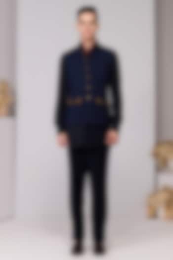 Navy Terylene Viscose Lycra Embroidered Waistcoat by S&N by Shantnu Nikhil Men at Pernia's Pop Up Shop