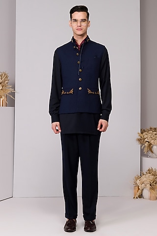 Navy Terylene Viscose Lycra Embroidered Waistcoat by S&N by Shantnu Nikhil Men