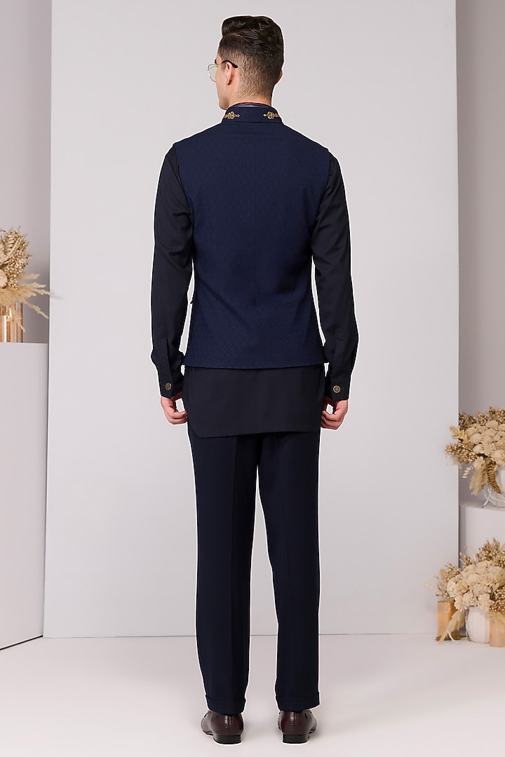 Navy Terylene Viscose Lycra Embroidered Waistcoat by S&N by Shantnu Nikhil Men at Pernia's Pop Up Shop