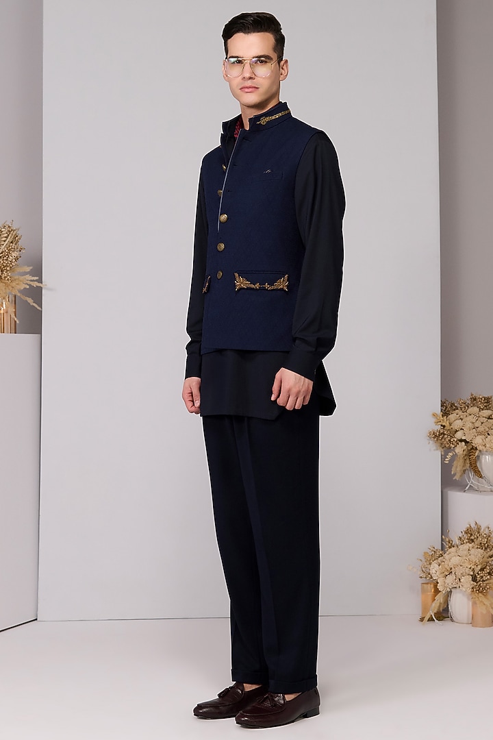 Navy Terylene Viscose Lycra Embroidered Waistcoat by S&N by Shantnu Nikhil Men at Pernia's Pop Up Shop