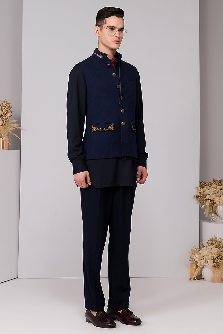 Navy Terylene Viscose Lycra Embroidered Waistcoat by S&N by Shantnu Nikhil Men at Pernia's Pop Up Shop