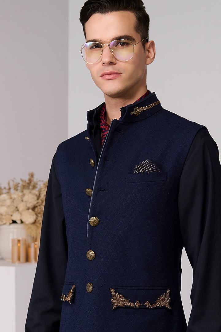 Navy Terylene Viscose Lycra Embroidered Waistcoat by S&N by Shantnu Nikhil Men at Pernia's Pop Up Shop
