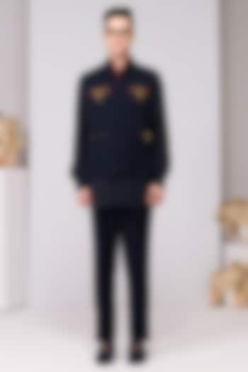 Navy Poly Blend Viscose Lycra Embroidered Waistcoat by S&N by Shantnu Nikhil Men at Pernia's Pop Up Shop