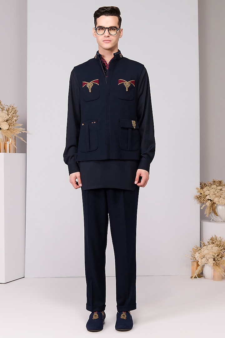 Navy Poly Blend Viscose Lycra Embroidered Waistcoat by S&N by Shantnu Nikhil Men at Pernia's Pop Up Shop