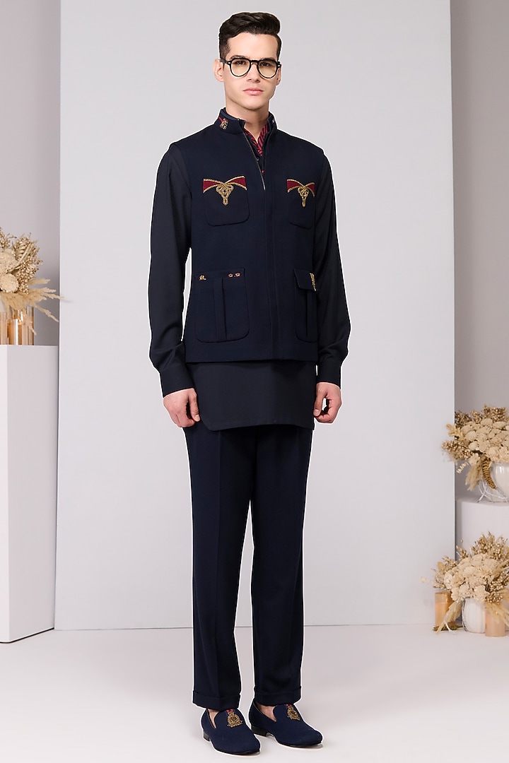 Navy Poly Blend Viscose Lycra Embroidered Waistcoat by S&N by Shantnu Nikhil Men at Pernia's Pop Up Shop