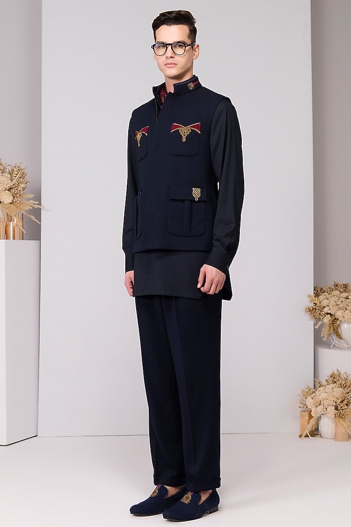 Navy Poly Blend Viscose Lycra Embroidered Waistcoat by S&N by Shantnu Nikhil Men at Pernia's Pop Up Shop