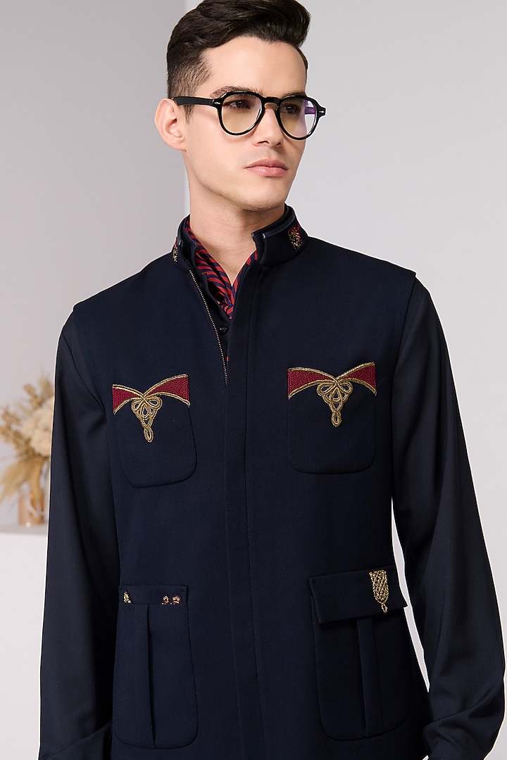 Navy Poly Blend Viscose Lycra Embroidered Waistcoat by S&N by Shantnu Nikhil Men at Pernia's Pop Up Shop