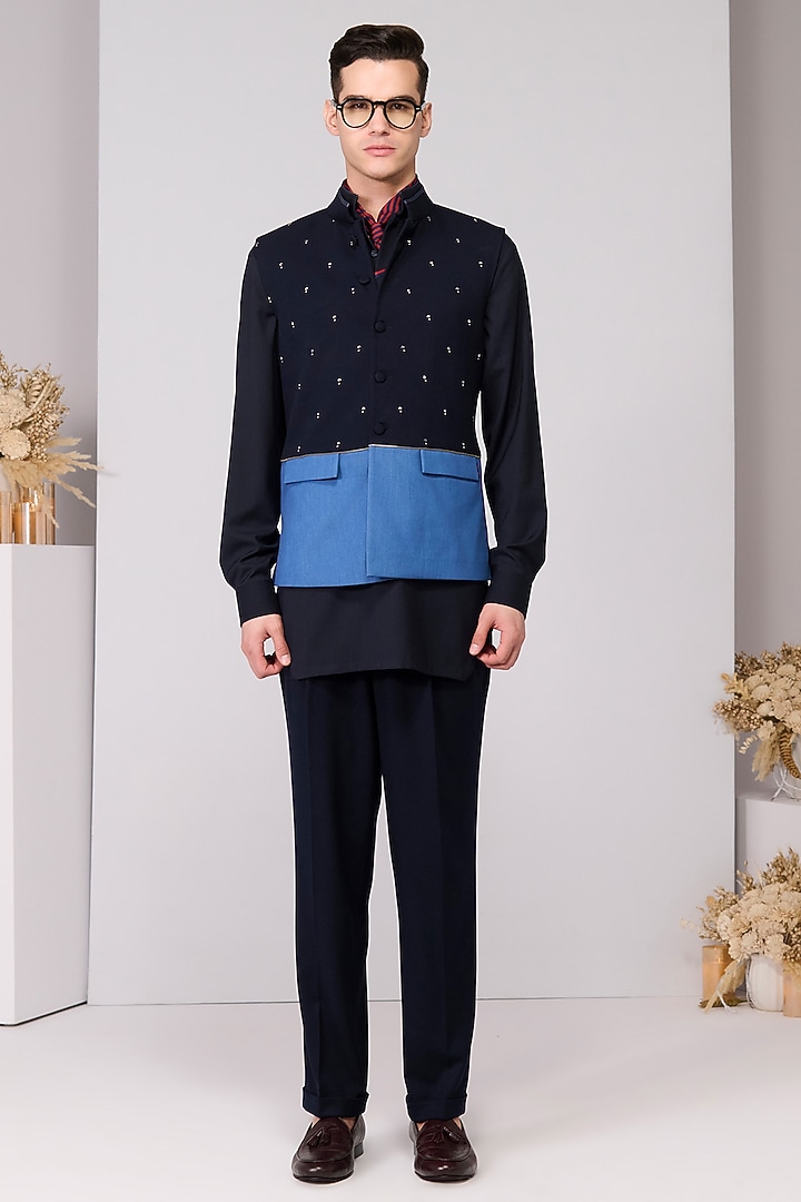 Dark Denim Viscose Spandex Suiting Blend Embellished Waistcoat by S&N by Shantnu Nikhil Men at Pernia's Pop Up Shop