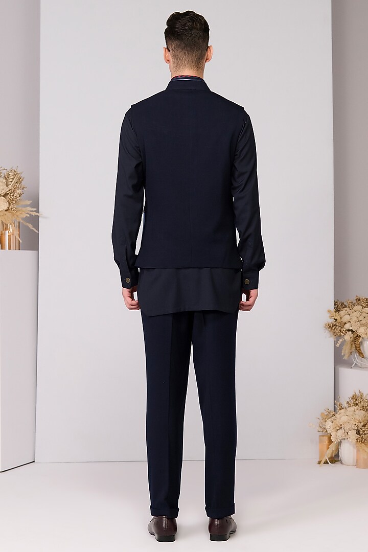 Dark Denim Viscose Spandex Suiting Blend Embellished Waistcoat by S&N by Shantnu Nikhil Men at Pernia's Pop Up Shop