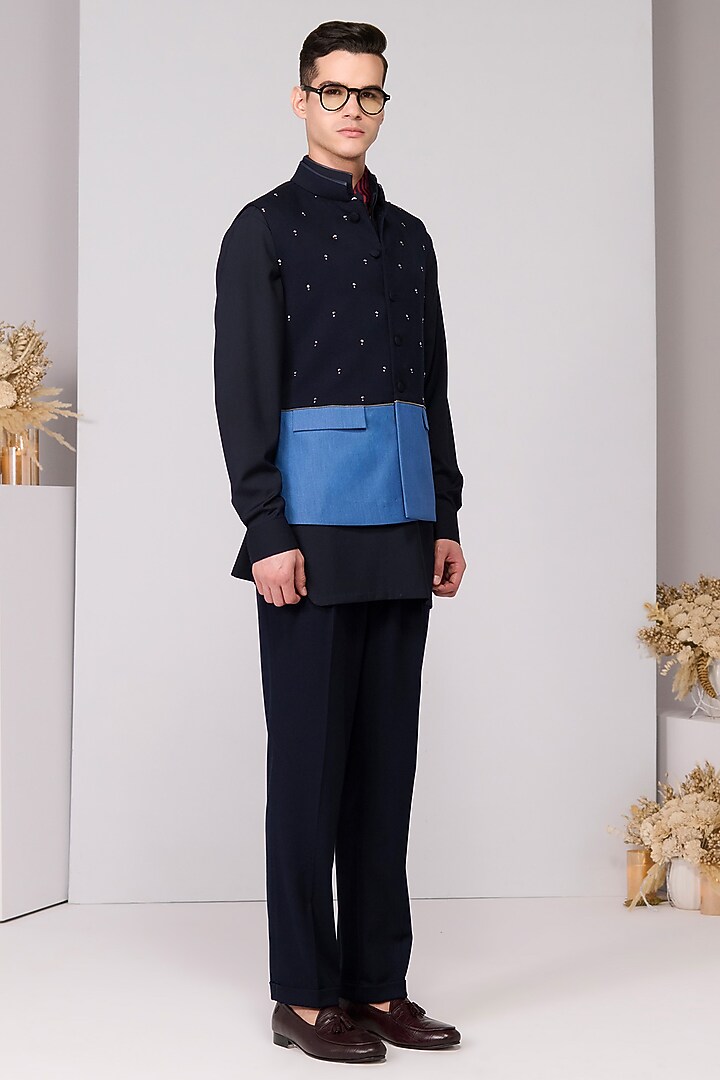 Dark Denim Viscose Spandex Suiting Blend Embellished Waistcoat by S&N by Shantnu Nikhil Men at Pernia's Pop Up Shop