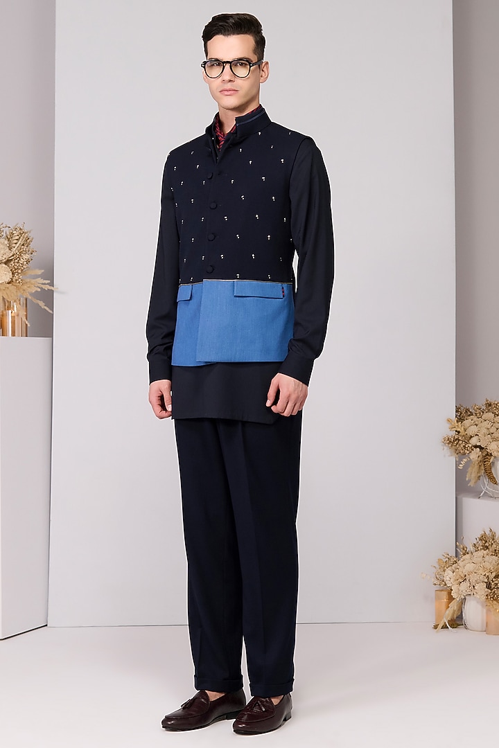 Dark Denim Viscose Spandex Suiting Blend Embellished Waistcoat by S&N by Shantnu Nikhil Men at Pernia's Pop Up Shop