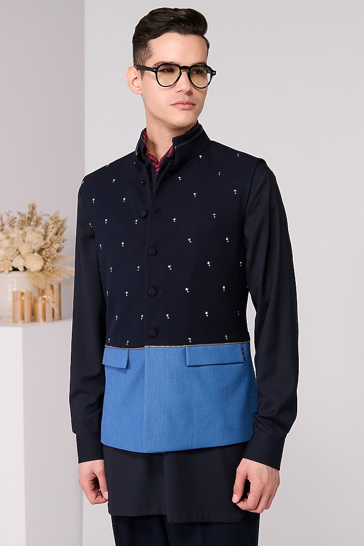 Dark Denim Viscose Spandex Suiting Blend Embellished Waistcoat by S&N by Shantnu Nikhil Men at Pernia's Pop Up Shop