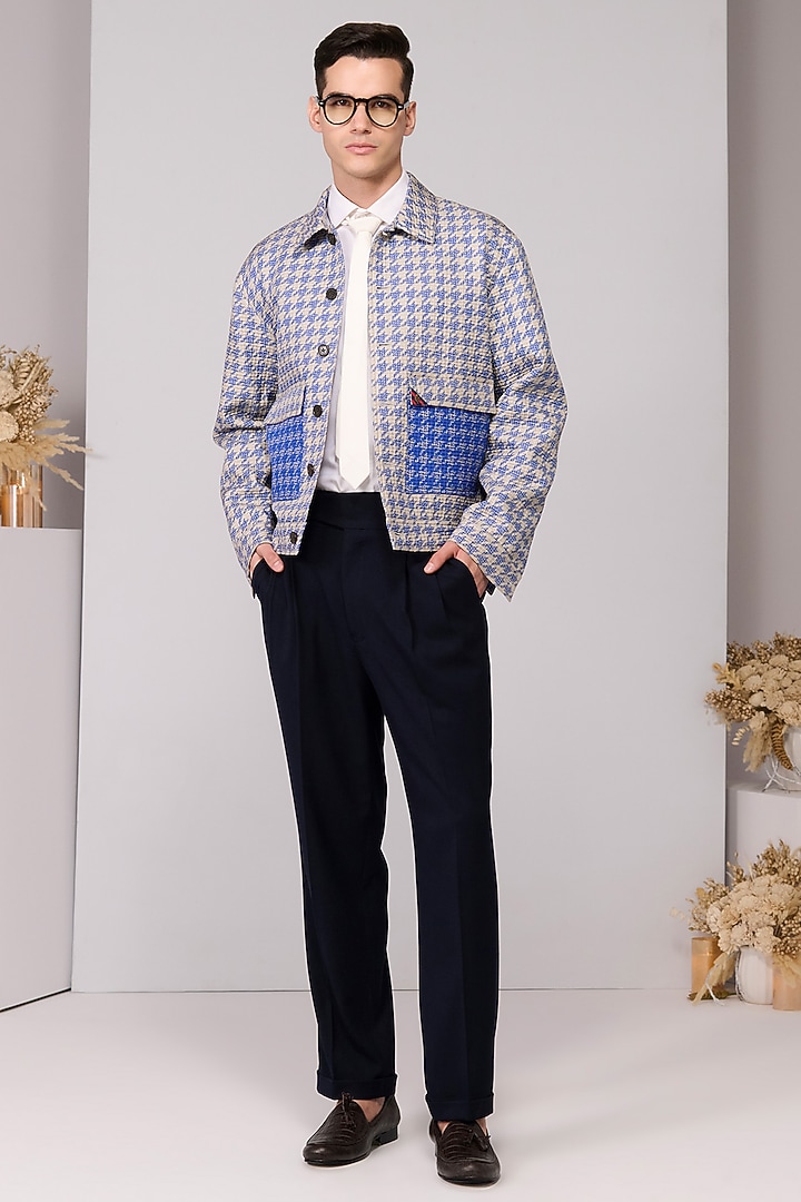 Racer Blue Silk Twill Embroidered Jacket by S&N by Shantnu Nikhil Men at Pernia's Pop Up Shop