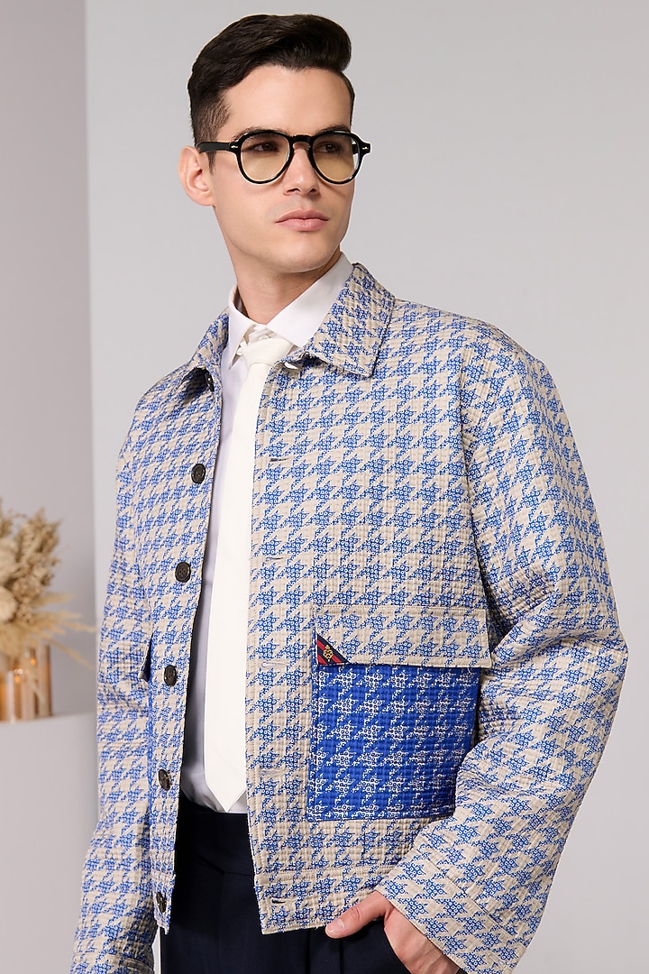 Racer Blue Silk Twill Embroidered Jacket by S&N by Shantnu Nikhil Men at Pernia's Pop Up Shop