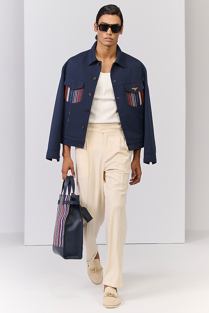 Navy Rayon Nylon Spandex Embroidered Jacket by S&N by Shantnu Nikhil Men at Pernia's Pop Up Shop