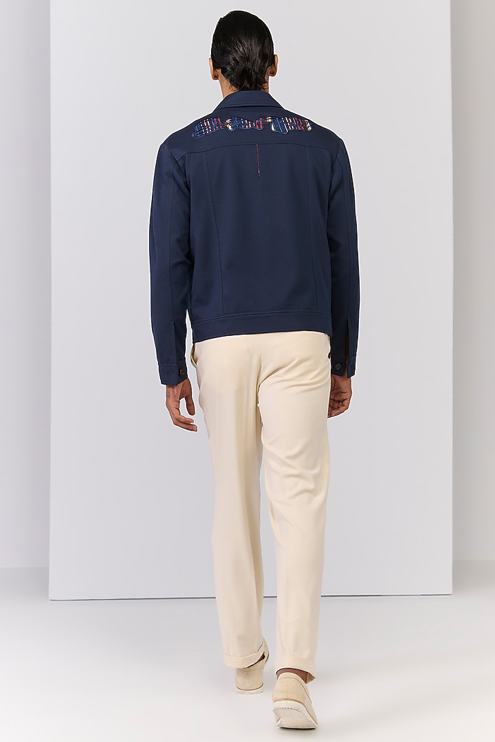 Navy Rayon Nylon Spandex Embroidered Jacket by S&N by Shantnu Nikhil Men at Pernia's Pop Up Shop
