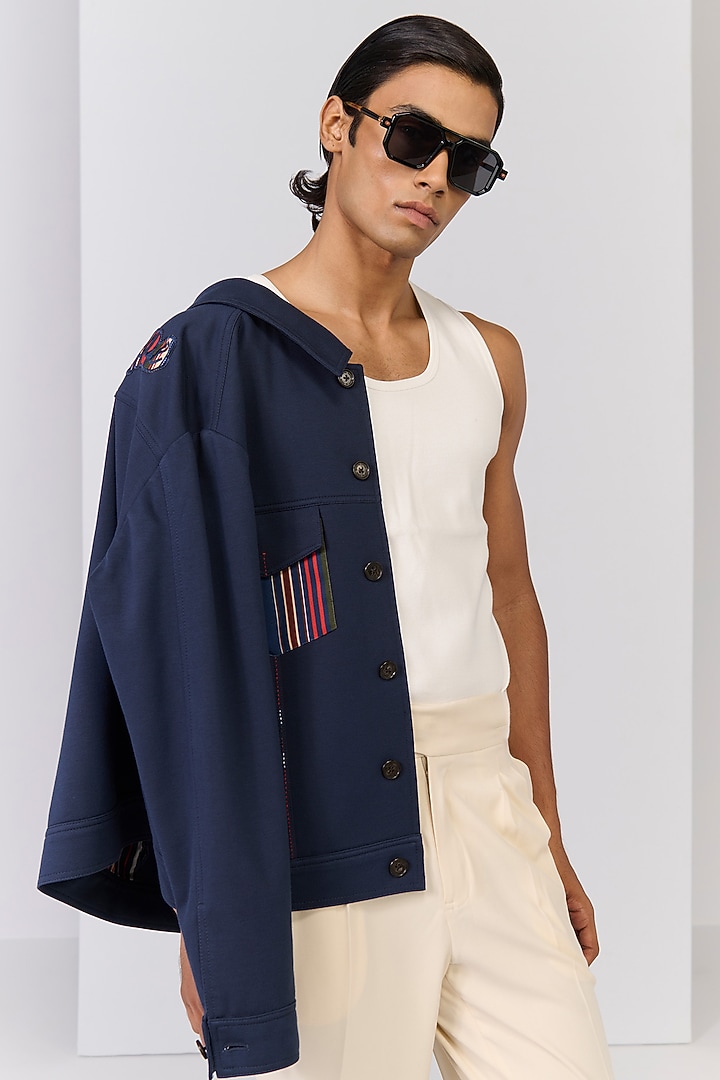 Navy Rayon Nylon Spandex Embroidered Jacket by S&N by Shantnu Nikhil Men at Pernia's Pop Up Shop