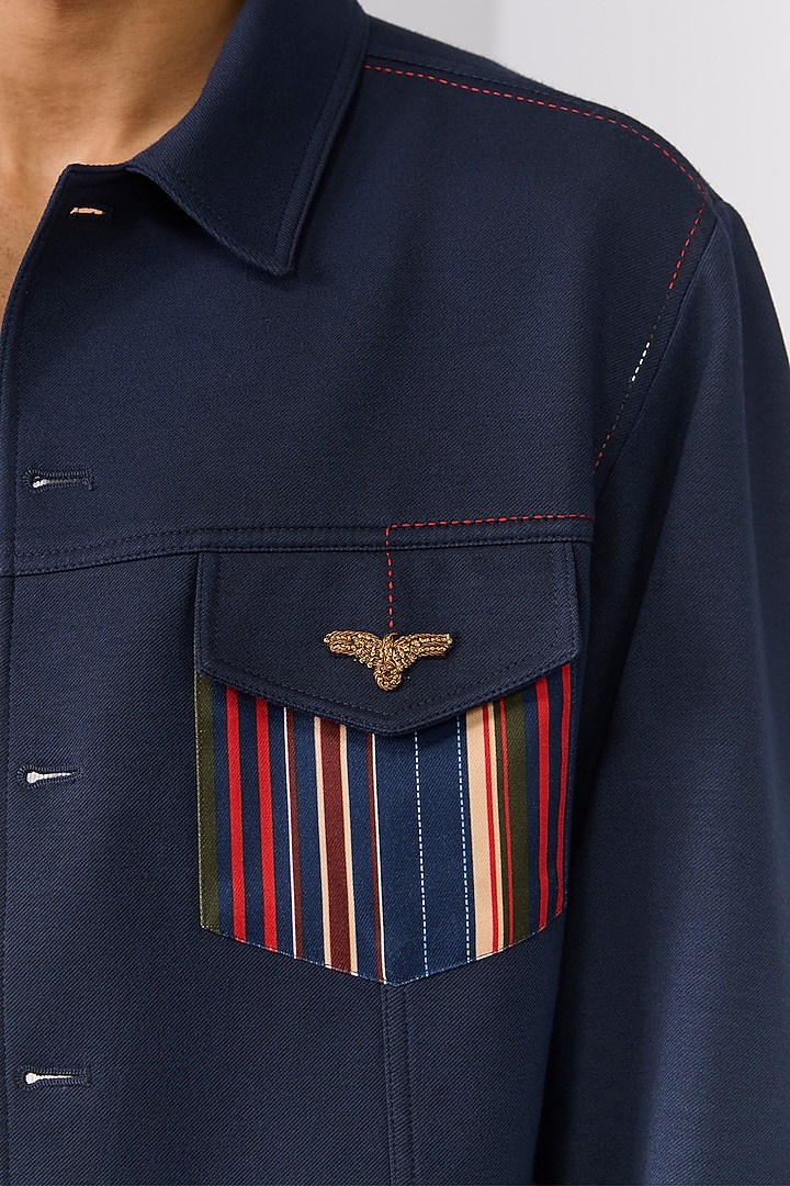 Navy Rayon Nylon Spandex Embroidered Jacket by S&N by Shantnu Nikhil Men at Pernia's Pop Up Shop